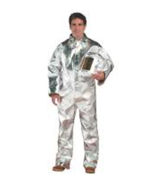 Man wearing silver Chicago Protective Apparel 605-AKV Aluminized Para Aramid Blend Style A Heat Resistive Coveralls 