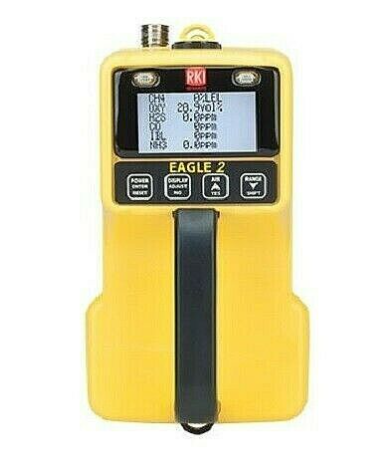 Yellow and black RKI gas monitor 726-128-P2 on white background