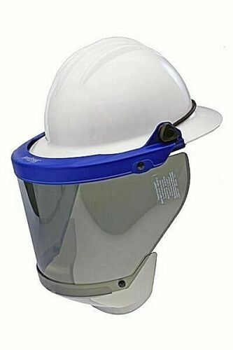tinted arc flash faceshield with blue bracket Paulson 9004588 on white background