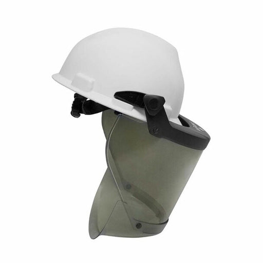 Smoke and white Enespro National Safety Apparel H20HTHAT Pureview FR Face Shield with Hard Hat  on white background
