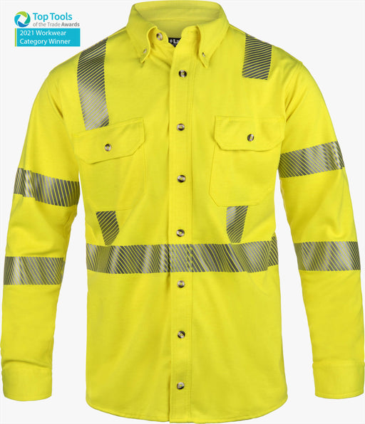 Reflective, yellow Lakeland ISHAT29RT High Performance Flame Resistant Shirt on white background
