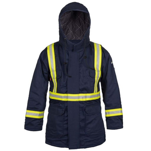 Navy color with yellow and silver reflective strips Lakeland NIP08RT13 FR Insulated Parka with Reflective