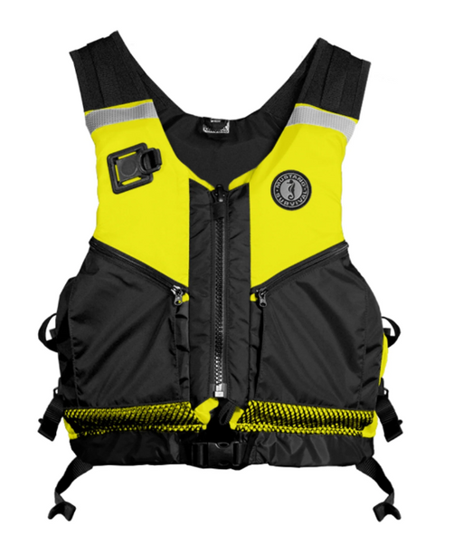 Lime yellow and black Mustang Survival MRV050WR Operations Support Water Rescue Vest on white background