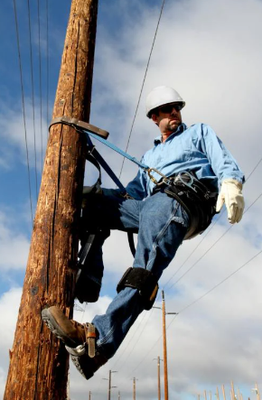 Man on pole wearing 3M DBI-SALA 1204076 Wood Pole Adjustable Web Fall Restricting Device Transmission Pole
