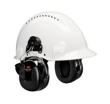 Black 3M PELTOR HRXS221P3E-NA WorkTunes Pro AM/FM Radio Headset on white hardhat on white background