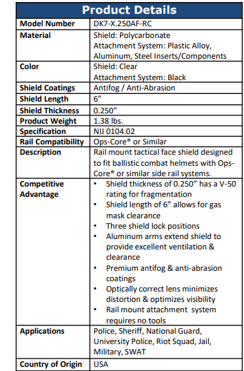 Paulson 5900400 Tactical Faceshield Model DK7-X-.2500AF-RC Rail Mount | No Sales Tax