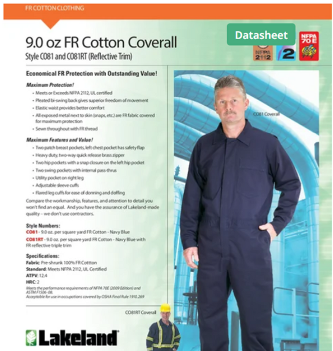 Lakeland C081 Cotton Coveralls FR 9 oz. | 32" Inseam