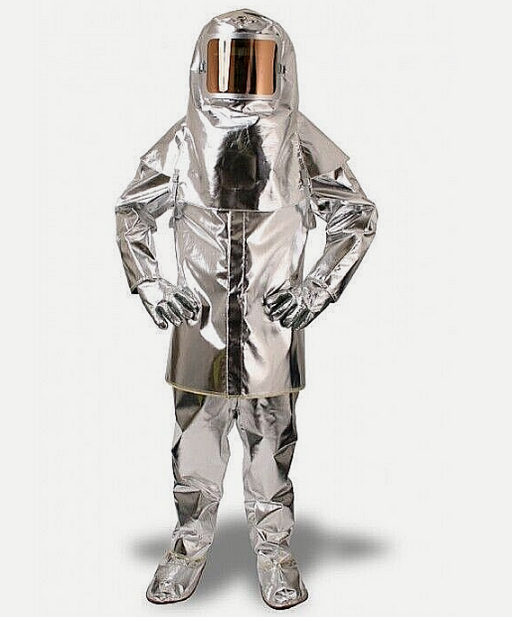 Person wearing silver proximity suit with overshoes 