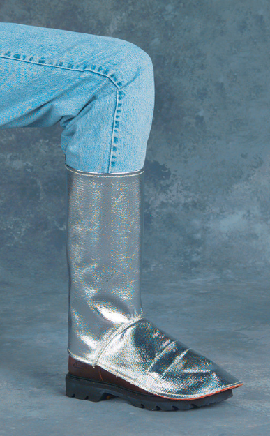 person wearing silver Chicago Protective Apparel 401-ACX10 Full Vertical Velcro Leggings 10 oz Aluminized CarbonX 