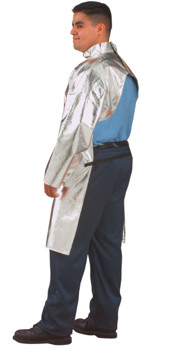 Man wearing silver Chicago Protective Apparel 564-ACK-50 Open Back 19 oz 50 Inch Coat on white background