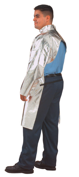 Man wearing Chicago Protective Apparel 564-AKV-40 Open Back 40 Inch Aluminized Para Aramid 19 oz Heat Resistive Coat  on white background