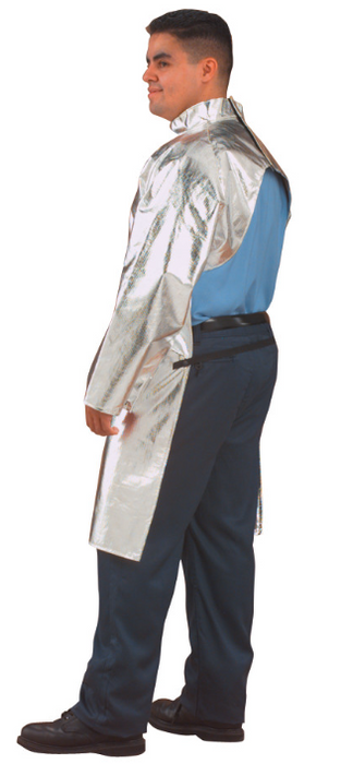 man wearing silver Chicago Protective Apparel 564-AKV-50 Open Back 19 oz 50 Inch Coat on white background