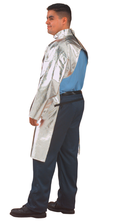 Man wearing silver Chicago Protective Apparel 564-APBI-50 Open Back 7 oz Heat Resistive Coat  on white background