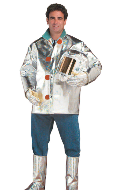 Man wearing silver CHICAGO PROTECTIVE APPAREL 600-ABF Aluminized 30” Basofil Ripstop Jacket on white background