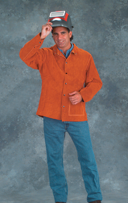 Man wearing Chicago Protective Apparel 600-CL Rust Split Leather Jacket (Style B)