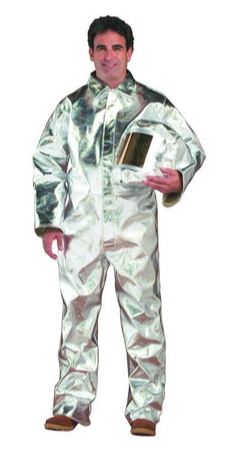 Man wearing silver Chicago Protective Apparel 605-ACF Heat Resistive Aluminized Carbon Fleece 12 oz Coveralls on white background