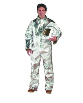 Man wearing silver Chicago Protective Apparel 605-AR Coverall 15 oz Aluminized Rayon Style A