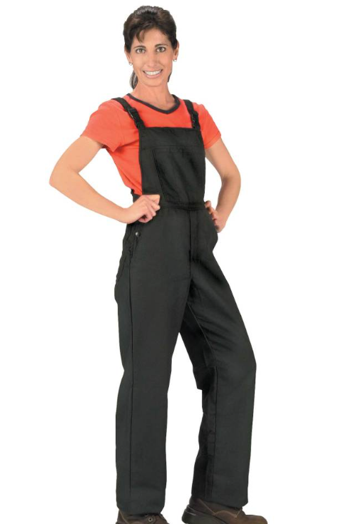 Woman wearing black Chicago Protective Apparel 618-CX11 Bib Overalls 11oz Black CarbonX 