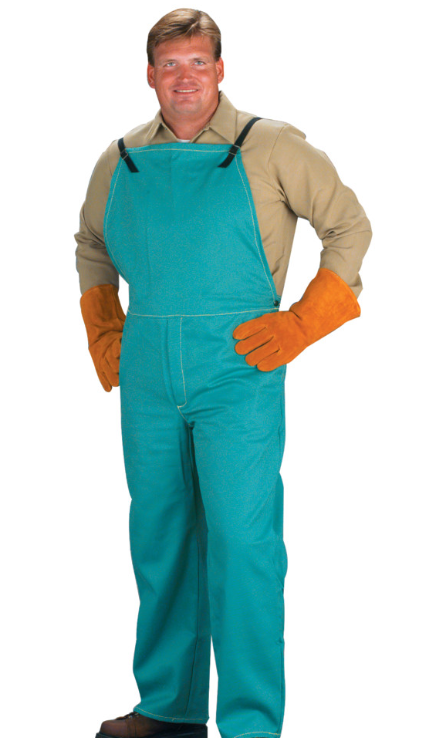 Man wearing Chicago Protective Apparel 618-GR Bib Overalls 8 oz Green Cotton