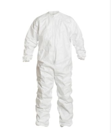 White DuPont IC182B Tyvek IsoClean Coverall Bound Seams Bound Neck Raglan Sleeve Design Covered Elastic Wrists and Ankles Zipper Closure