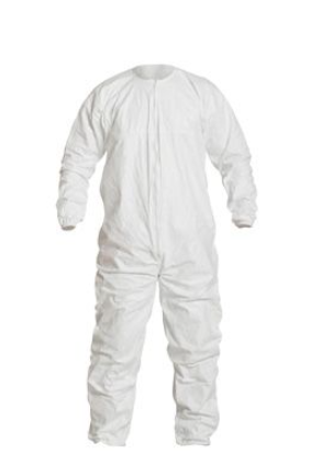white DuPont IC255B Tyvek IsoClean Coverall Bound Seams Elastic Thumb Loops Bound Neck Dolman Sleeve Design 