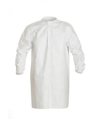 white DuPont IC270B Tyvek IsoClean Frock Bound Seams Bound Neck Set Sleeve Design Covered Elastic Wrists Front Snap Closure 