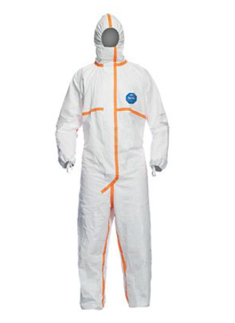 white DuPont TJ198T Tyvek model TY800 Coverall with Hood Serged and Over-Taped Seam