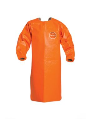 orange DuPont TP275T OR Tychem 6000 FR Sleeved Apron Elastic Wrists Two Buckle Closure System Taped Seams