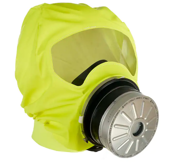 Yellow, black, silver Draeger R59435 PARAT 5530 Fire & Smoke Escape Hood with Hard Case on white background