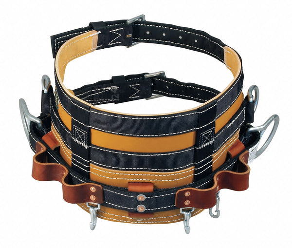 Brown and black MILLER HONEYWELL 88N-1/D28 Lineman’s Body Belt Leather D-Size on white background