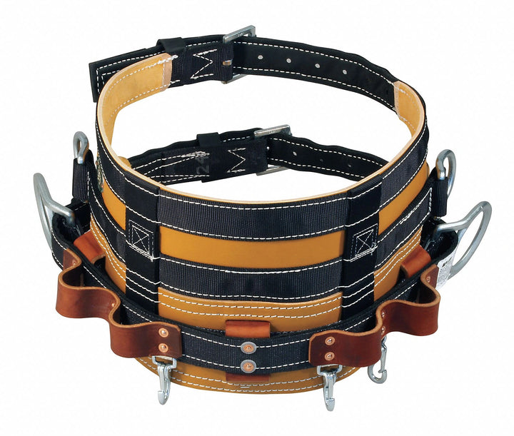 Brown and black MILLER HONEYWELL 88N-1/D28 Lineman’s Body Belt Leather D-Size on white background