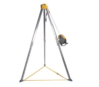 silver and gold tripod MSA 10163034 Workman Rescuer 50 foot SS Cable Confined Space Entry Kit