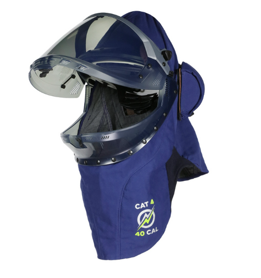 Blue National Safety Apparel ARC40H1 Enespro AGP 40 cal Arc Flash Lift Front Hood Dual Fans on white background