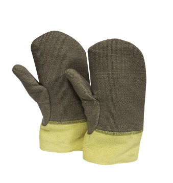 Brown and yellow National Safety Apparel M60WHGH01213 Heavy Fiberglass Extreme Heat 13” Lined Mitten on white background