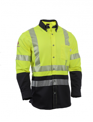 Hi Vis Yellow and Navy National Safety Apparel SHRTV3C3YN Drifire FR Hybrid Work Shirt Type R Class 3