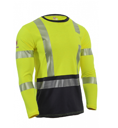 Yellow and black Drifire National Safety Apparel TEEY2LSHC301 Hi-Viz FR Long Sleeve Hybrid T-Shirt Class 3