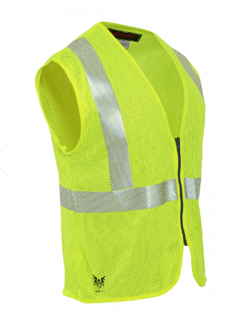 Lime yellow reflective National Safety Apparel V00HA2Z Drifire FR Hi-Vis Mesh Zip Front Class 2 Vest