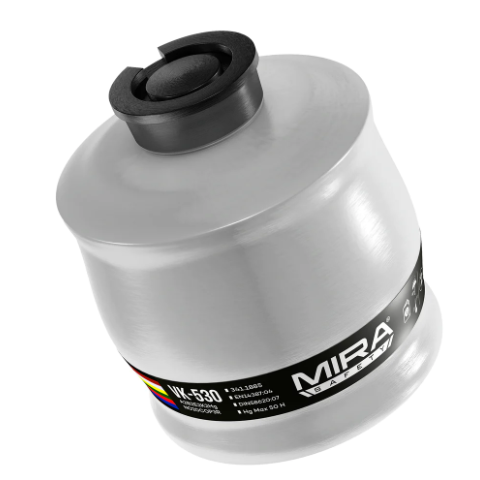 Gray and black MIRA Safety VK-530 Smoke / Carbon Monoxide Filter Cartridges on white background