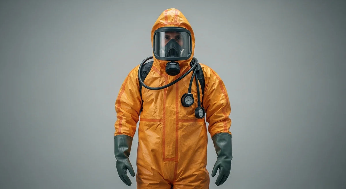 Person wearing an orange hazmat suit with a gray background