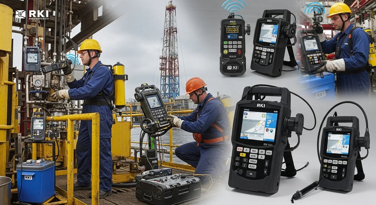 Workers using RKI industrial devices in a factory setting with equipment displayed.