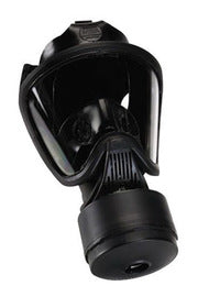 MSA black Ultra Elite gas mask on white background
