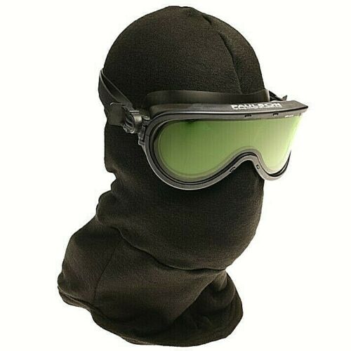 Paulson black balaclava with green goggles 2130079 against white background