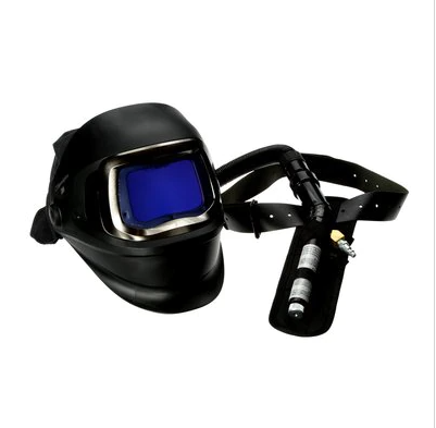 Black and blue 3M™ 26-5702-30iSW Speedglas™ FA III SAR V-100 and Speedglas™ Welding Helmet on white background