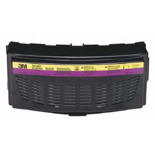 Black, yellow, purple 3M Versaflo PAPR cartridge filter on white background