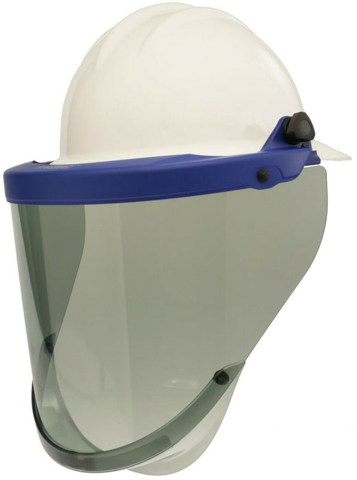 Tinted arc flash faceshield and blue bracket Paulson 9103035 on white background