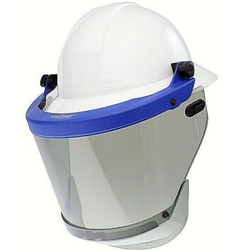 Tinted arc flash faceshield blue bracket Paulson 9004946 on white background