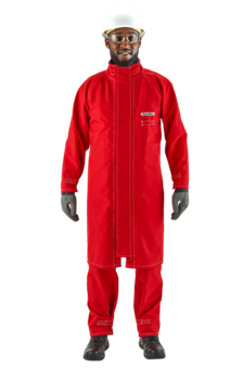 Red Ansell 66-663 Polyester Trilaminate Chemical Splash/Spray Jacket  on checkered gray/black background