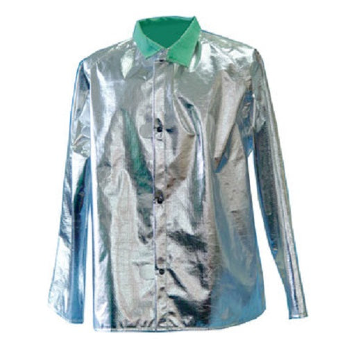 Silver, gray wih green collar 600-APBI aluminized heat resistive CPA PBI  jacket coat on white background