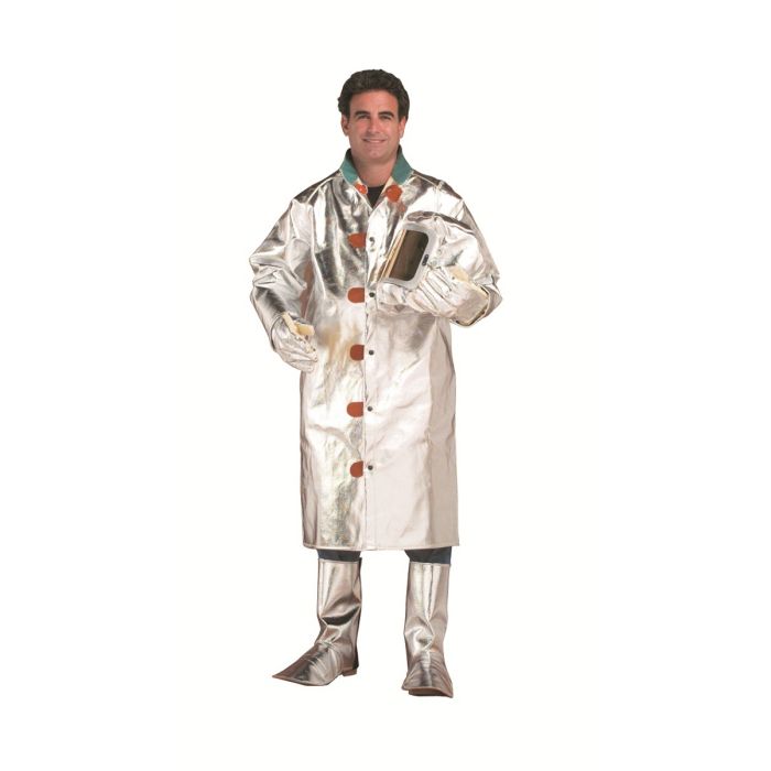 Man wearing silver Chicago Protective Apparel 602-AKV 19 oz Aluminized Para Aramid Coat on white background
