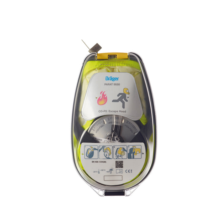Multi color DRAEGER 5530 Fire Escape Hood R59435 in Hard Case on white background